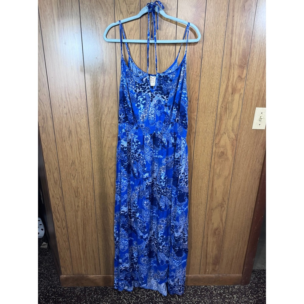 Faded Glory Blue Paisley Floral Maxi Dress XXL 20 Halter Neck Smocked Rayon